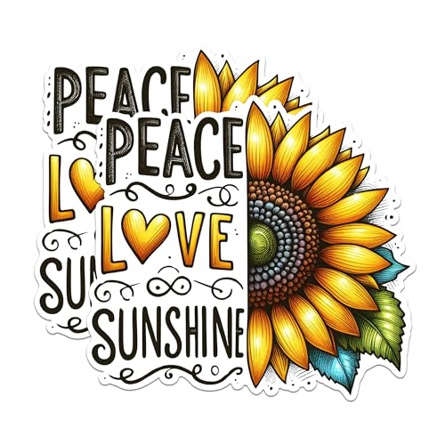 (2 Pack) Peace Love Sunshine Stickers - Inspirational Quote Stickers - Sunflower Design Stickers - 5" On Longest Side - Sticks to Any Smooth Flat Surface - Made in USA - BMCS2905