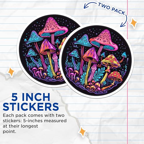 (2 Pack) Psychedelic Mushroom Stickers - Trippy Fungi - Retro Nature Art Design - 5" On Longest Side - Sticks to Smooth Flat Surfaces - Made in USA - BMCS6965