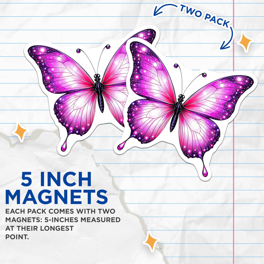 (2 Pack) Butterfly Magnets - Purple Pink Insect Decor - Pretty Refrigerator Magnets - 5" On Longest Side - Premium Magnet - for Cars, Refrigerators, Toolboxes, Lockers - Made in USA - MAG15663