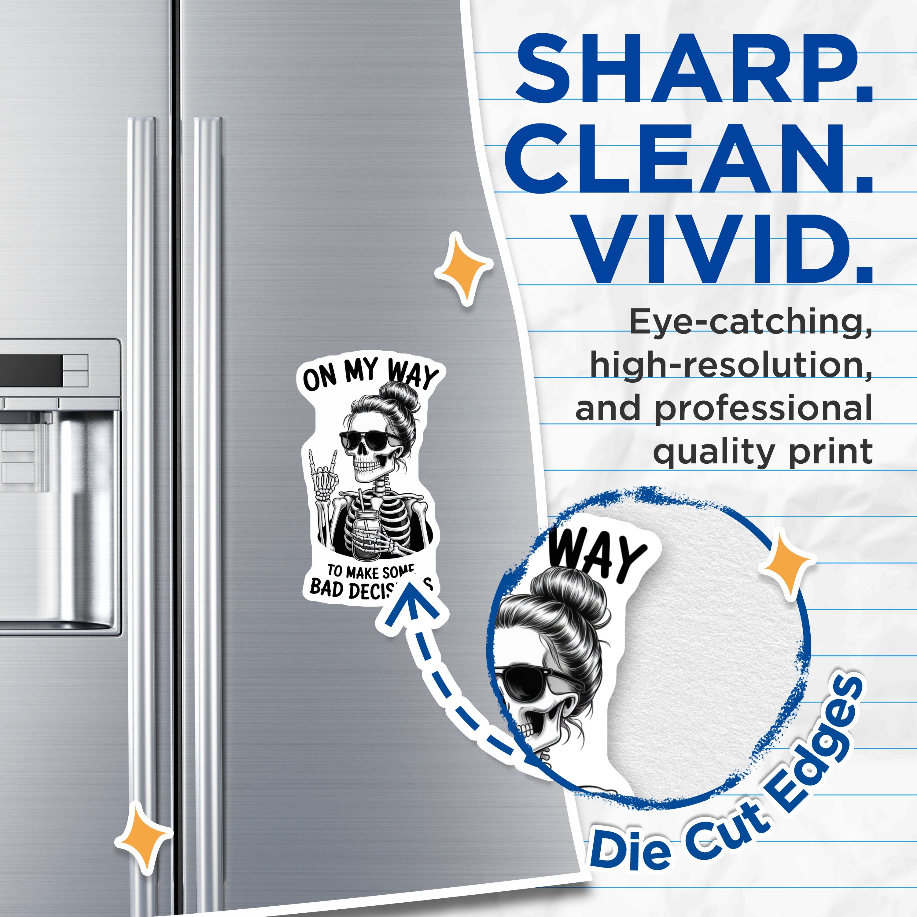 (2 Pack) Sassy Skeleton Magnets - Bad Decisions Quote - Funny Refrigerator Decor - Messy Bun Skull Art - 5 Inches On Longest Side - Thick Durable Magnet - Made in USA - MAG36848