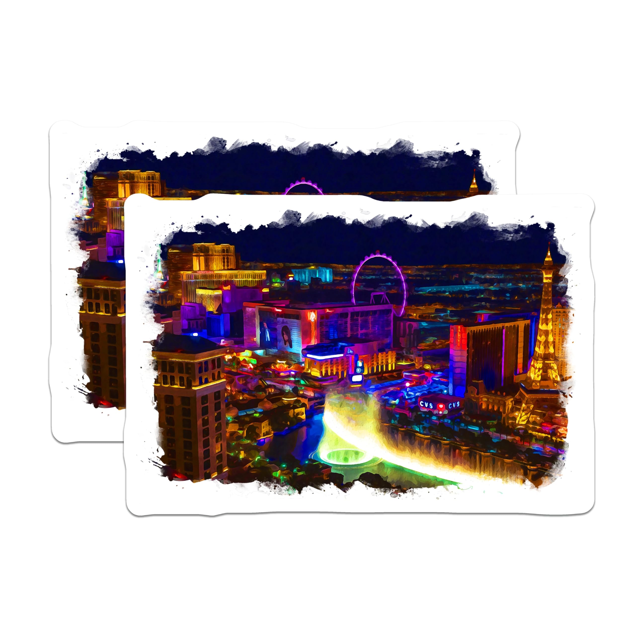(2 Pack) Las Vegas Magnets - Vibrant Night Cityscape Art - Eiffel Tower High Roller View - USA Souvenir Travel Magnets - 5 Inches On Longest Side - Thick Durable Magnet - Made in USA - MAG20329