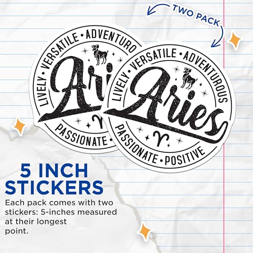 (2 Pack) Aries Zodiac Sign Stickers - Astrology Decal Stickers - Horoscope Sign Stickers - Zodiac Lovers Stickers - 5" On Longest Side - Sticks to Smooth Flat Surfaces - Made in USA - BMCS4758