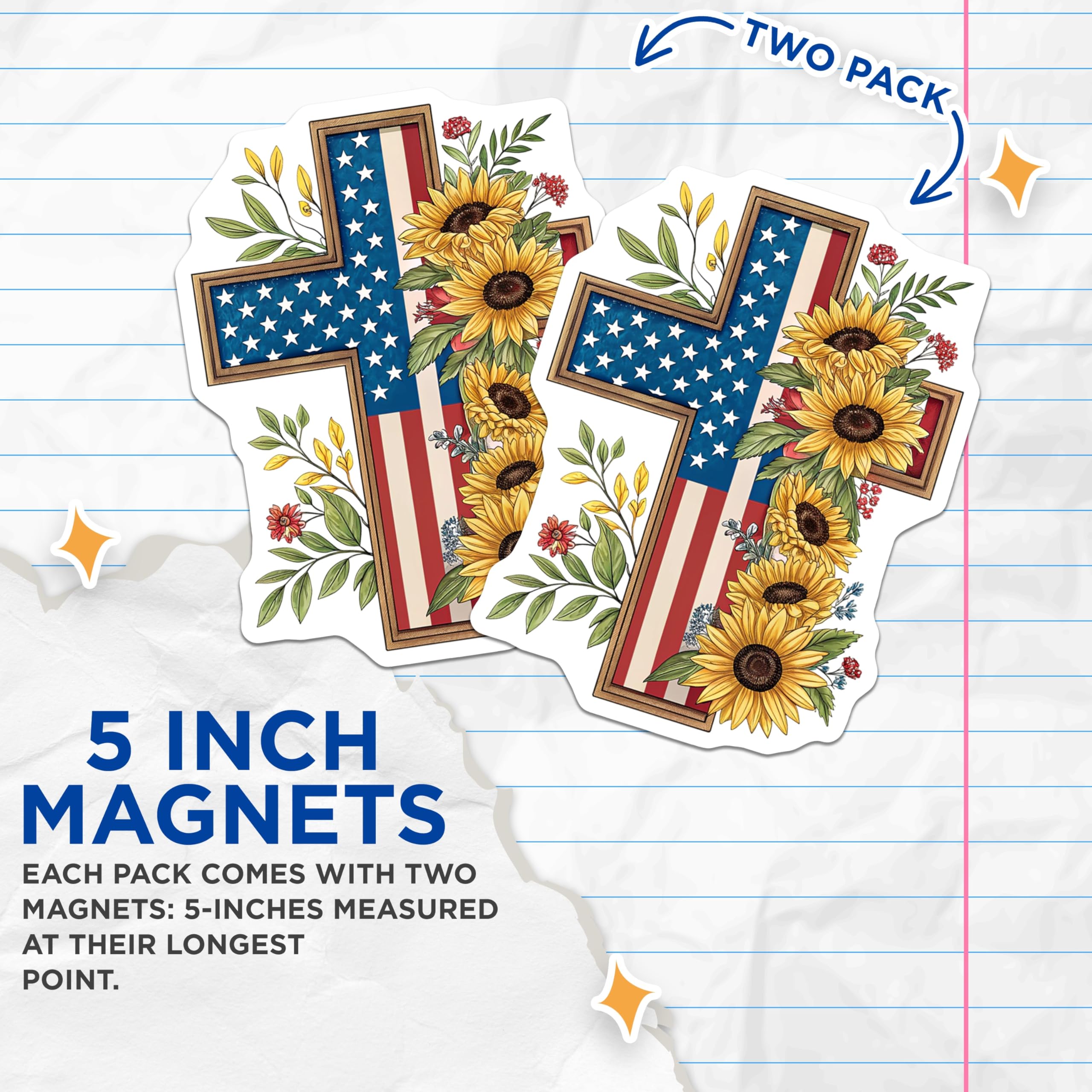 (2 Pack) American Flag Cross Magnets - Sunflower Christian Decor - Patriotic Faith Statement - 5 Inches On Longest Side - Thick Durable Magnet - Made in USA - MAG21176