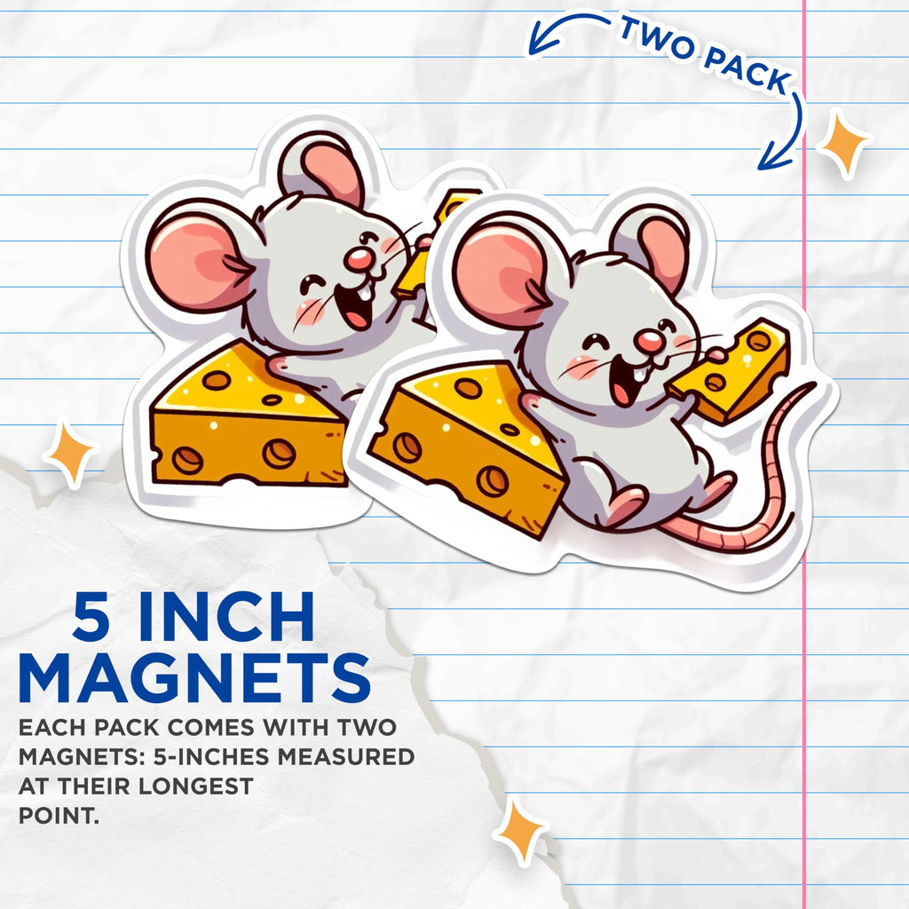 (2 Pack) Mouse Eating Cheese Laughing Magnets - Laughing Mouse Cheese Magnets - 5 Inches On Longest Side - Premium Magnet - for Cars, Refrigerators, Toolboxes - Made in USA - MAG2125