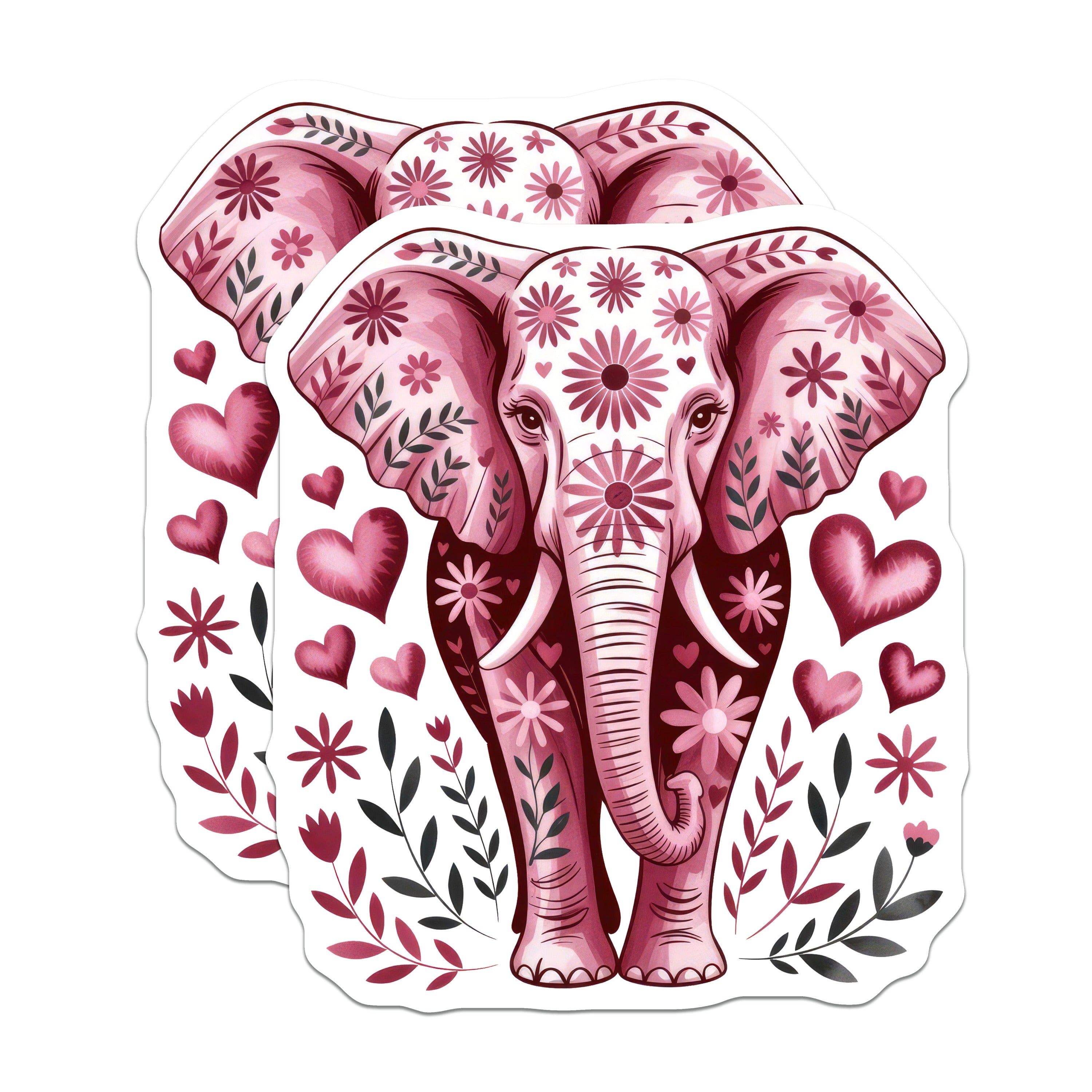 (2 Pack) Pink Floral Elephant Magnets - Whimsical Boho Decor - Spirit Animal Refrigerator Art - Unique Kitchen Home Accent - 5 Inches On Longest Side - Thick Durable Magnet - Made in USA - MAG38521