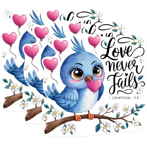 (3 Pack) Love Never Fails Decals - Blue Bird Laptop Decal - Faith Hope Love Decals - 3 Inches On Longest Side - Easy Peel & Apply - Made in USA - 3MCS1177