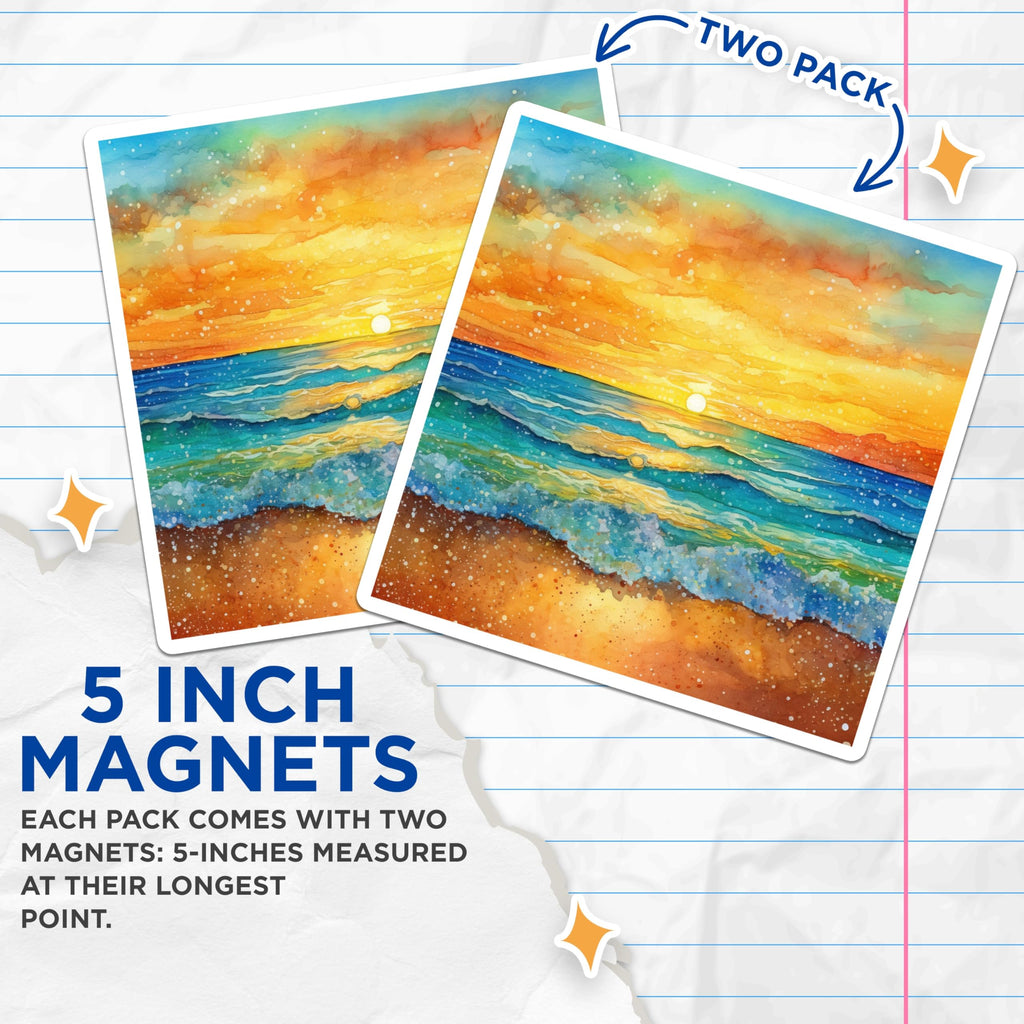 (2 Pack) Sunset Beach Watercolor Magnets - Ocean Wave Art - Coastal Refrigerator Magnets - 5 Inches On Longest Side - Thick Durable Magnet - Made in USA - MAG25788