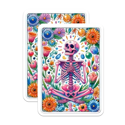 (2 Pack) Colorful Skeleton Meditation Stickers - Boho Skull Art - Floral Cosmic Stickers - 5" On Longest Side - Sticks to Smooth Flat Surfaces - Made in USA - BMCS9418