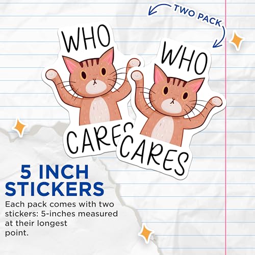 (2 Pack) Who Cares Cat Stickers - Funny Cute Decal - 5" On Longest Side - Sticks to Smooth Flat Surfaces - Made in USA - BMCS7823