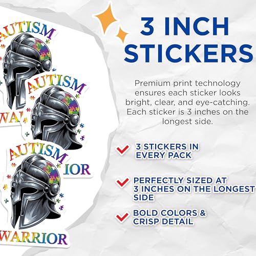(3 Pack) Autism Warrior Decals - Autism Awareness - Spartan Helmet Vinyl Decals - 3 Inches On Longest Side - Easy Peel & Apply - Made in USA - 3MCS0052
