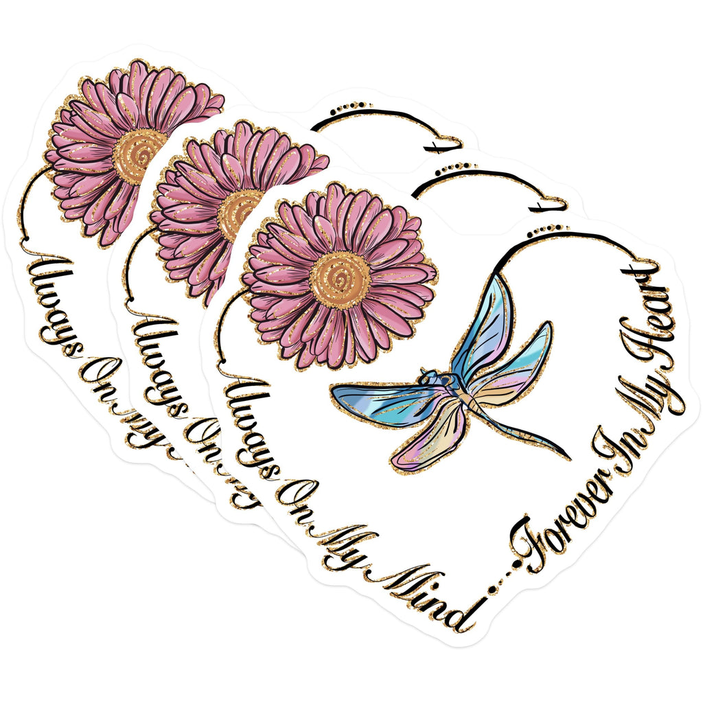 (3 Pack) Flower Dragonfly Decals - Heart Shaped Saying - Laptop Decal - 3 Inches On Longest Side - Easy Peel & Apply - Made in USA - 3MCS2961