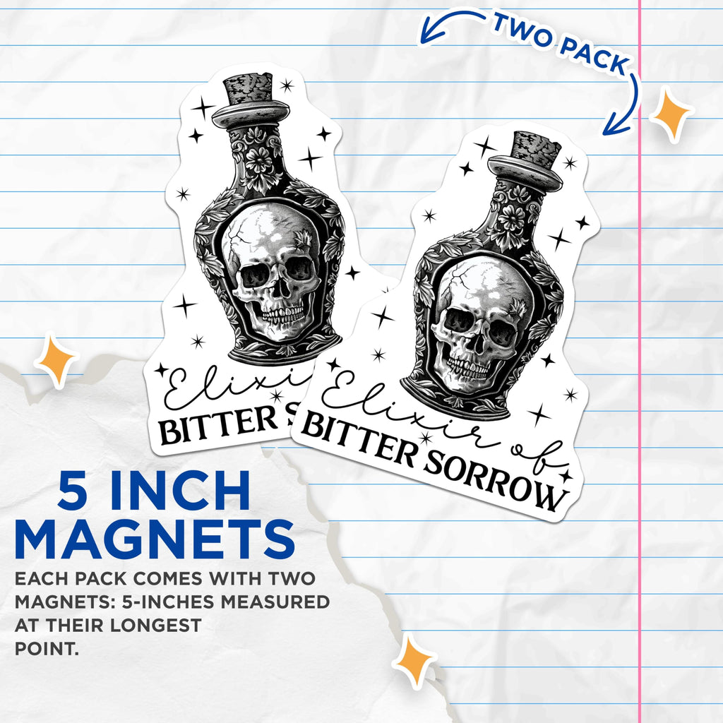 (2 Pack) Elixir of Bitter Sorrow Magnets - Skull Bottle - Halloween Decor - Gothic Kitchen - 5" On Longest Side - for Cars, Refrigerators, Toolboxes, Lockers - Made in USA BMCS3448