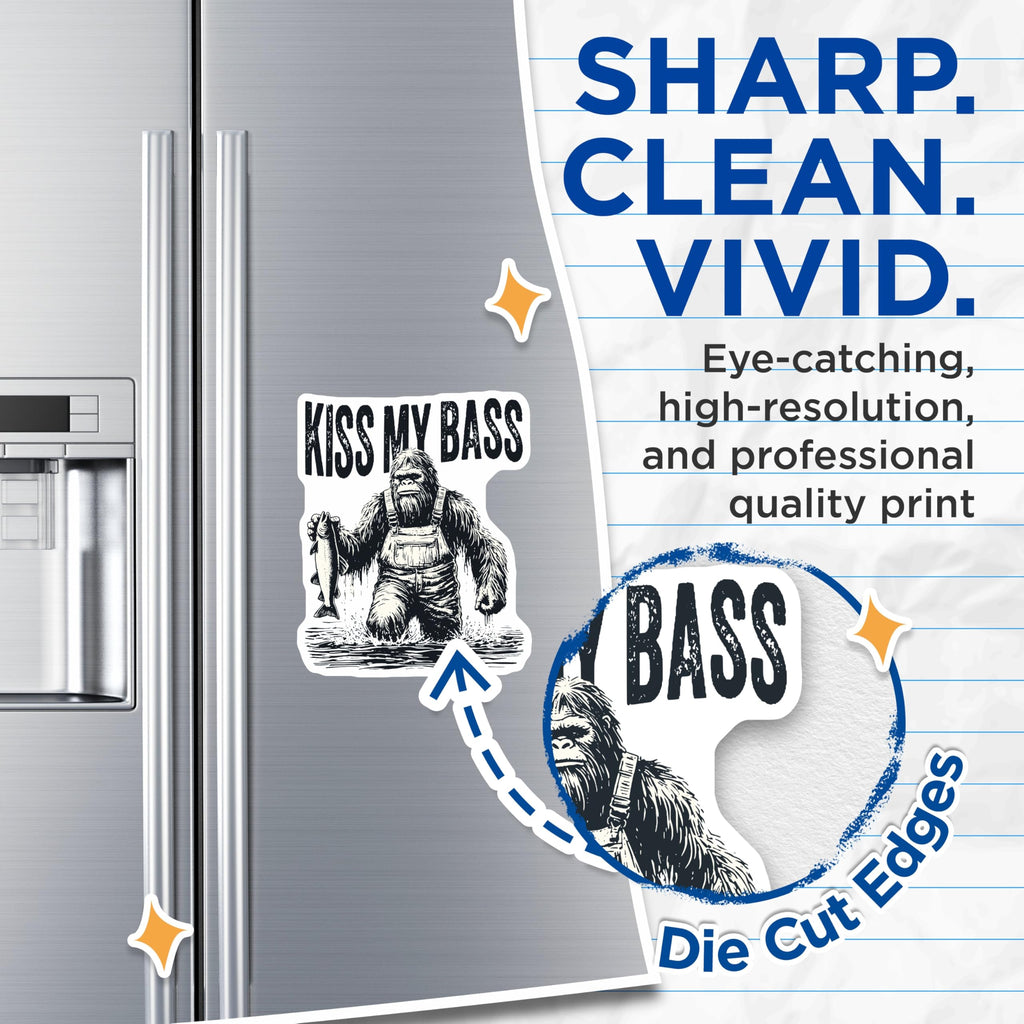 (2 Pack) Kiss My Bass Magnets - Funny Bigfoot Fishing Angler Humor - Sasquatch Outdoors Decor for Fishermen - 5 Inches On Longest Side - Thick Durable Magnet - Made in USA - MAG21073