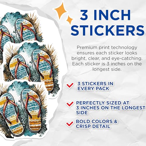 (3 Pack) Flip Flop Decals - Summer Decals - Beach Vibes - 3 Inches On Longest Side - Easy Peel & Apply - Made in USA - 3MCS8083