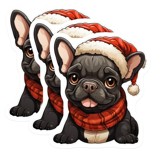 (3 Pack) Christmas Bulldog Decals - Holiday Dog Decal - Cute Puppy Decals - 3 Inches On Longest Side - Easy Peel & Apply - Made in USA - 3MCS2711
