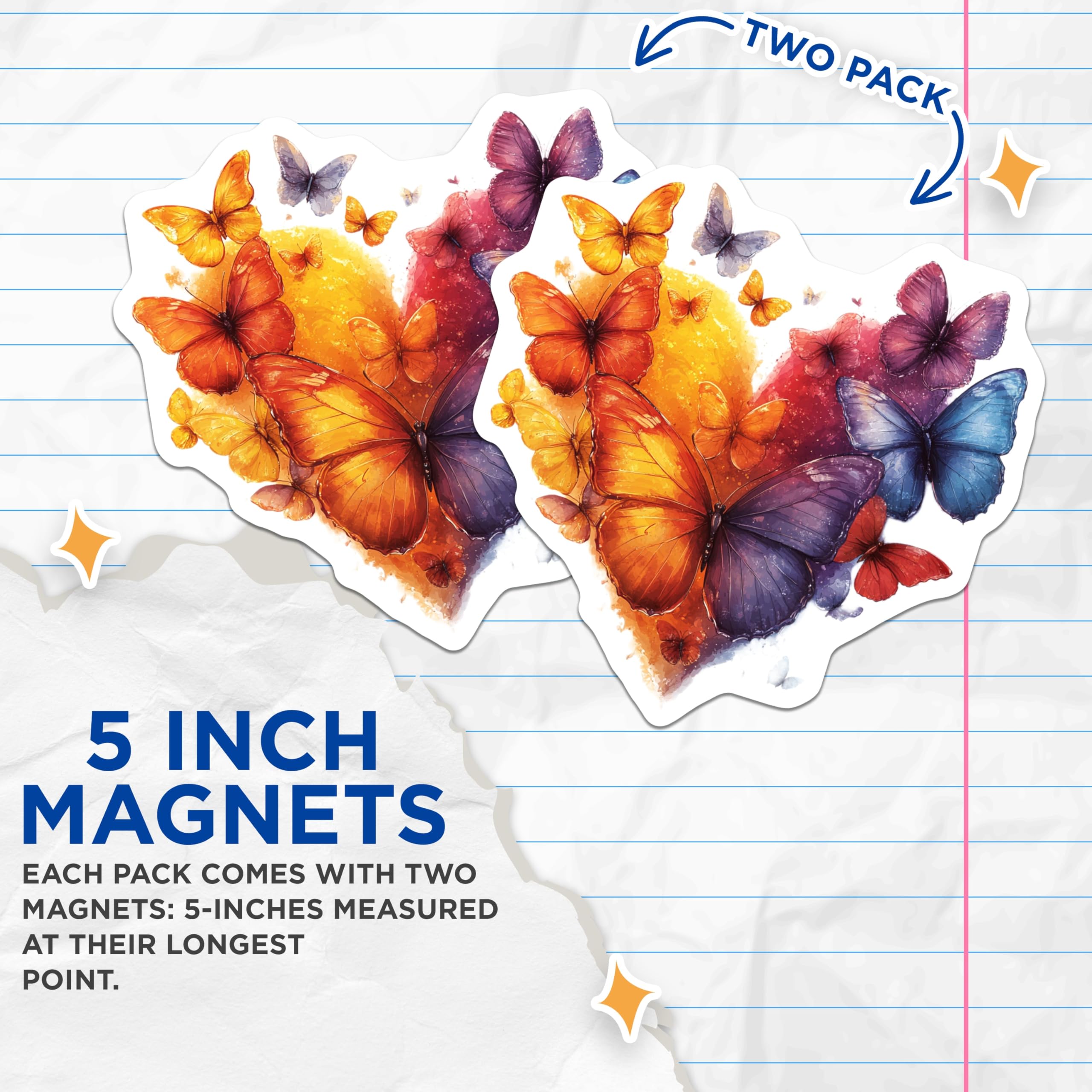 (2 Pack) Watercolor Butterfly Magnets - Vibrant Heart Design - Aesthetic Fridge Locker Decor - 5 Inches On Longest Side - Thick Durable Magnet - Made in USA - MAG29206
