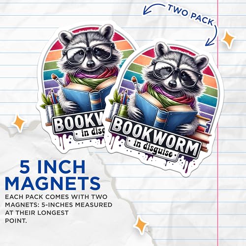 (2 Pack) Bookworm Magnets - Raccoon Art Magnets - Reading Lover - Cute Animal Magnets - Colorful Fridge Magnets - 5" On Longest Side - for Cars, Fridges, Toolboxes - Made in USA - MAG4537
