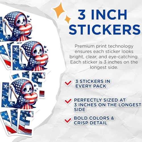(3 Pack) Patriotic Grim Reaper Decals - American Flag - Love Decals - 3 Inches On Longest Side - Easy Peel & Apply - Made in USA - 3MCS6679