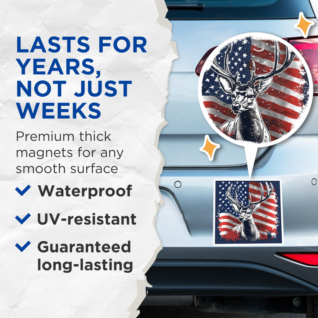 (2 Pack) American Flag Deer Magnets - Patriotic Hunter Buck Decor - USA Wildlife Refrigerator Art Accessory - 5 Inches On Longest Side - Thick Durable Magnet - Made in USA - MAG19608