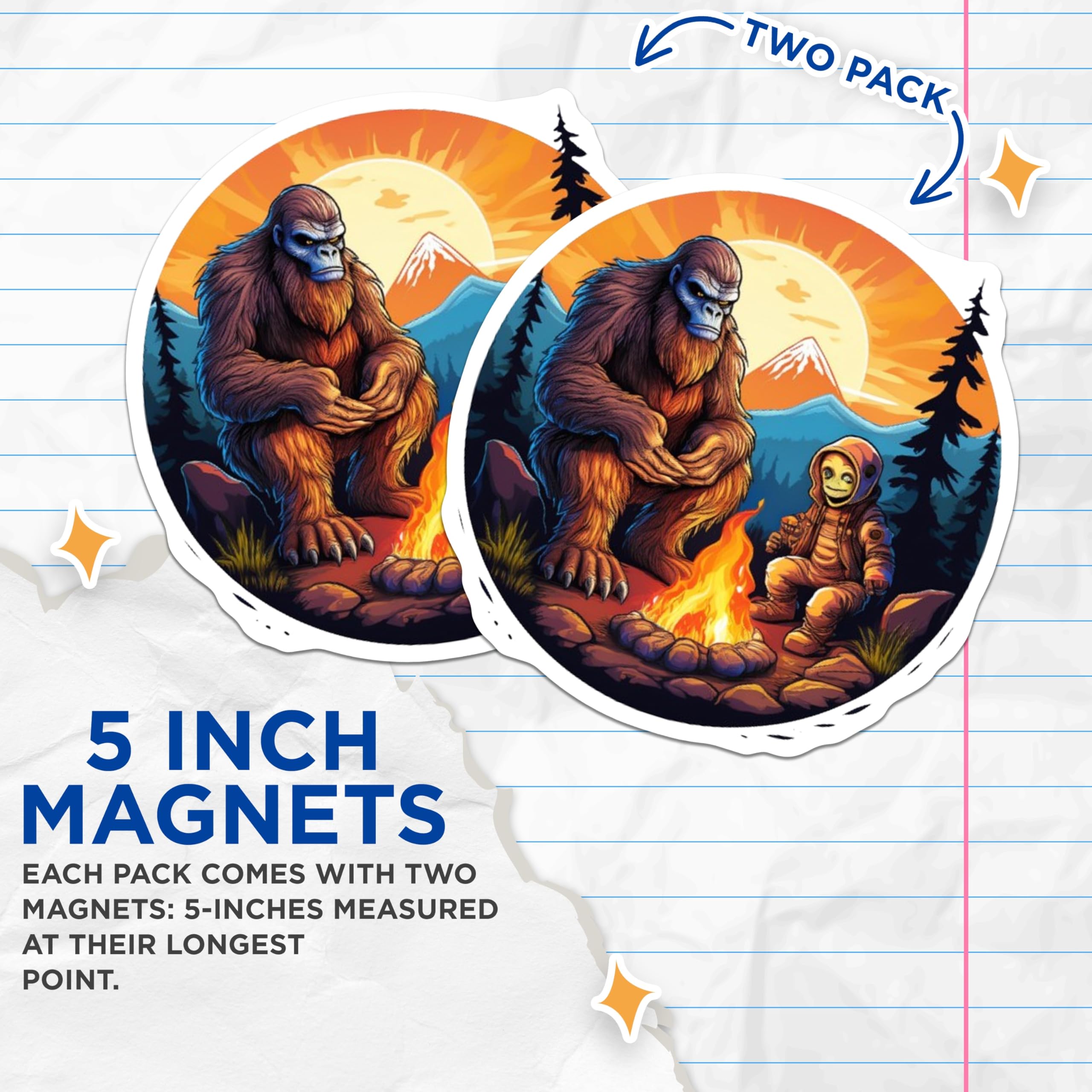 (2 Pack) Bigfoot Alien Campfire Magnets - Sasquatch Extraterrestrial Art Decor - Wilderness Camping Scene - 5 Inches On Longest Side - Thick Durable Magnet - Made in USA - MAG22912
