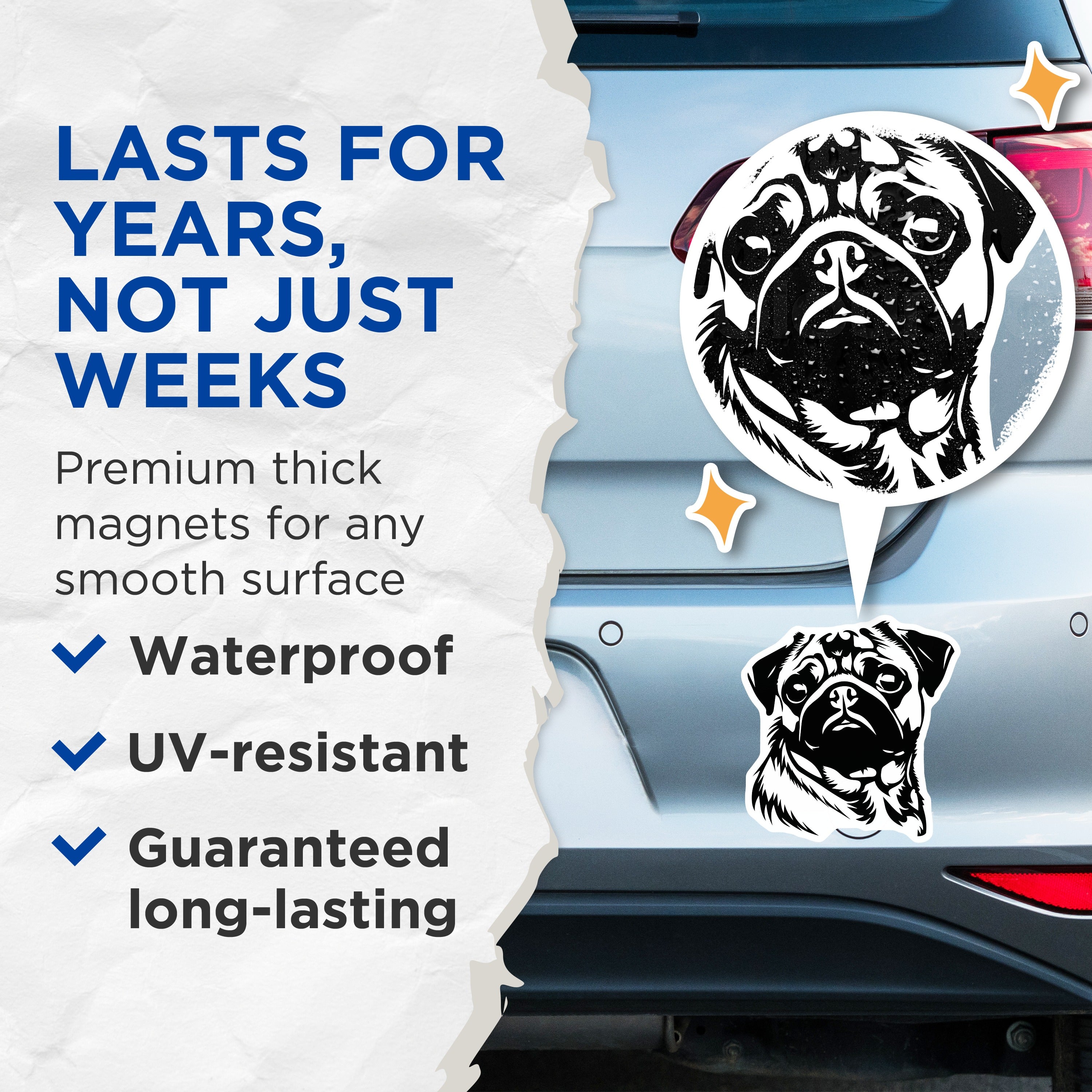 (2 Pack) Pug Dog Magnets - Cute Pet Puppy Animal Lover Fridge Decor - Dog Mom Dad Owner Kitchen Refrigerator Art - 5 Inches On Longest Side - Thick Durable Magnet - Made in USA - MAG37968
