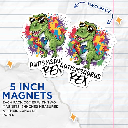 (2 Pack) Autismsaurus Rex Magnets Magnets - Dinosaur Autism Awareness - 5" On Longest Side - Made in USA - Sticks to Refrigerators & Metal Surfaces - MAG8421