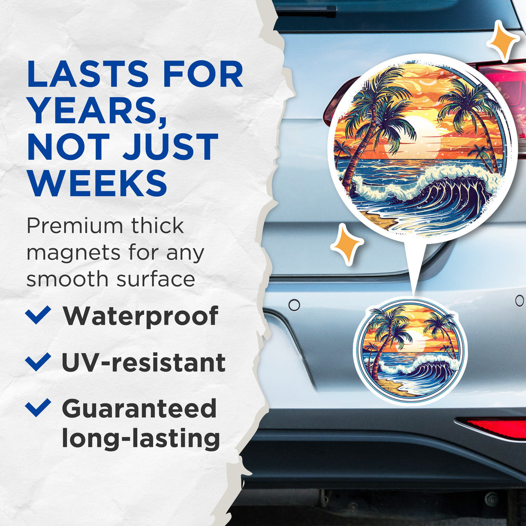 (2 Pack) Tropical Island Magnets - Beach Sunset Decor - Ocean Wave Refrigerator Art - 5 Inches On Longest Side - Thick Durable Magnet - Made in USA - MAG39623