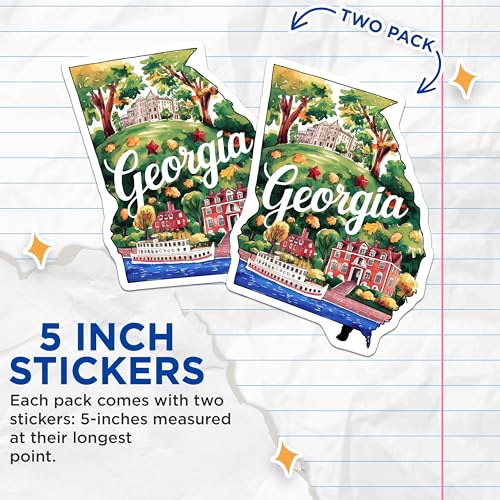 (2 Pack) Georgia State Stickers - Travel Decal - Scenic Georgia Art - 5" On Longest Side - Sticks to Smooth Flat Surfaces - Made in USA - BMCS6297