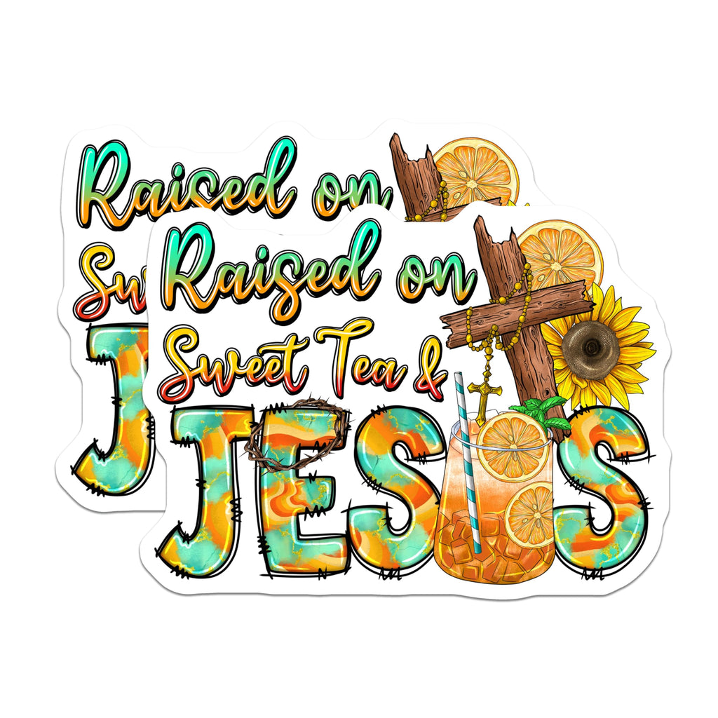 (2 Pack) Raised on Sweet Tea and Jesus Magnets - Southern Faith Decor - Christian Home Accents - 5 Inches On Longest Side - Thick Durable Magnet - Made in USA - MAG24079