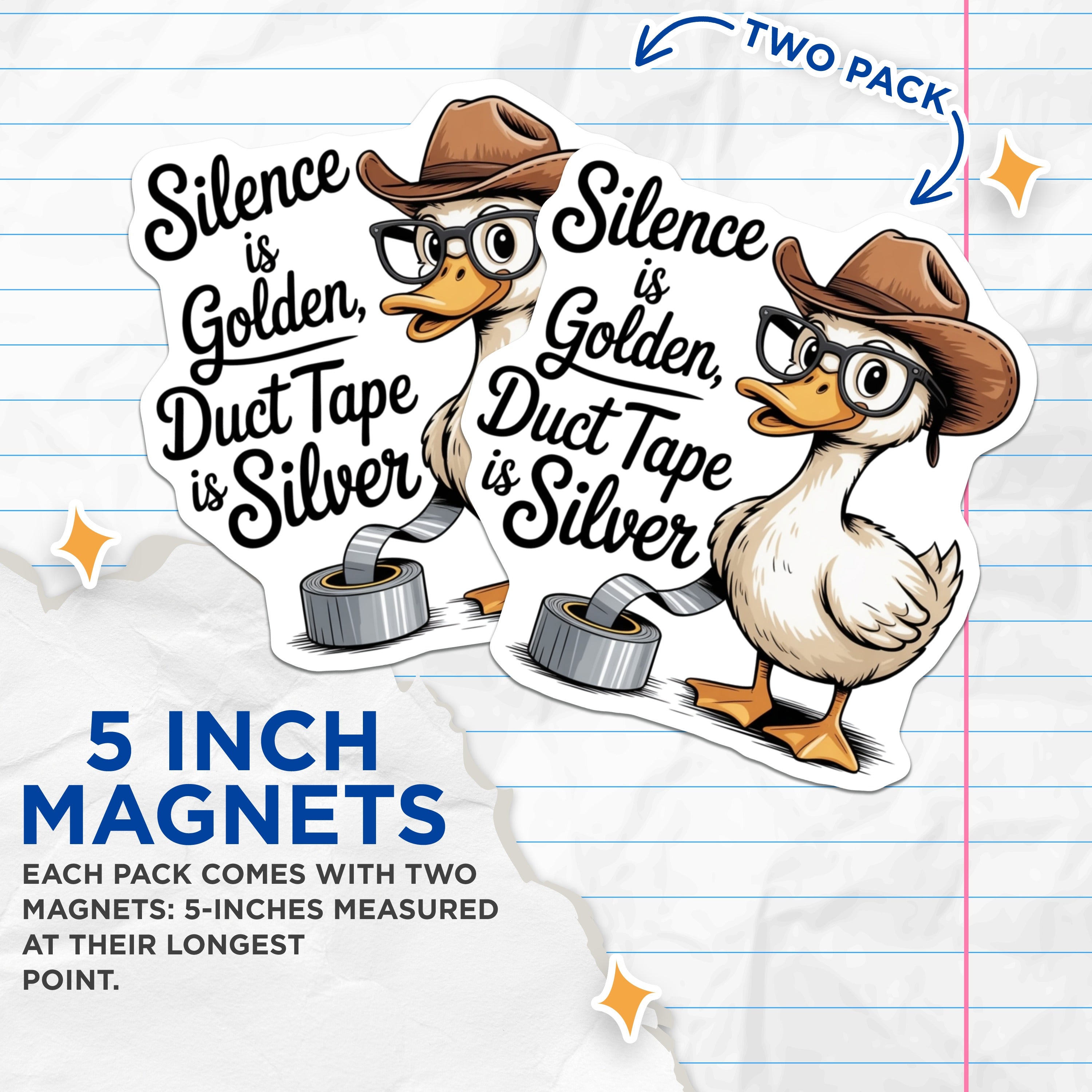 (2 Pack) Silence is Golden Duct Tape is Silver Magnets - Funny Duck Quote Magnet - Sarcastic Refrigerator Decor - 5 Inches On Longest Side - Thick Durable Magnet - Made in USA - MAG36637