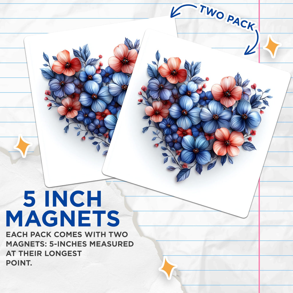 (2 Pack) Floral Heart Magnets - Blue Coral Flowers - Romantic Home Decor Accent - 5 Inches On Longest Side - Thick Durable Magnet - Made in USA - MAG26310