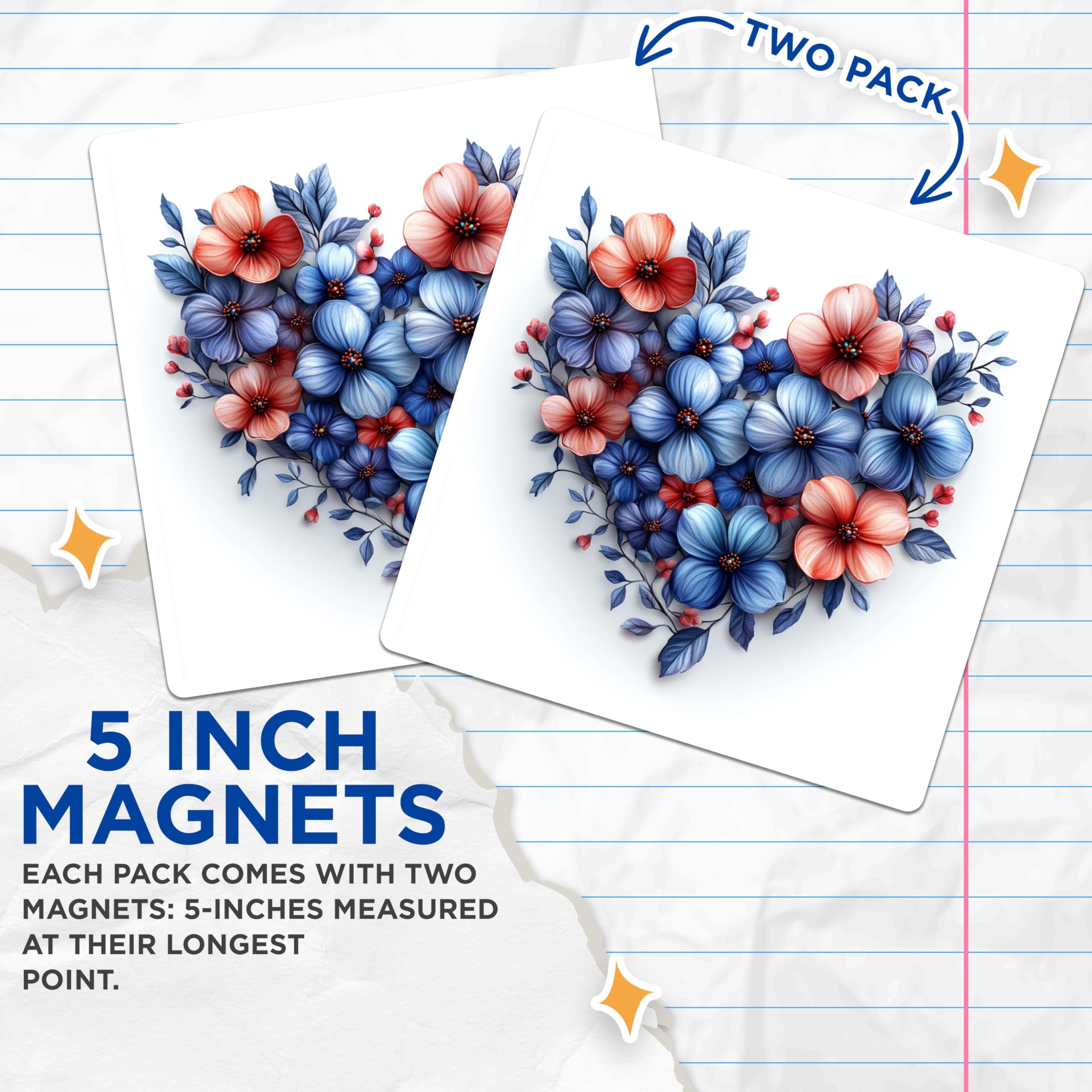 (2 Pack) Floral Heart Magnets - Blue Coral Flowers - Romantic Home Decor Accent - 5 Inches On Longest Side - Thick Durable Magnet - Made in USA - MAG26310