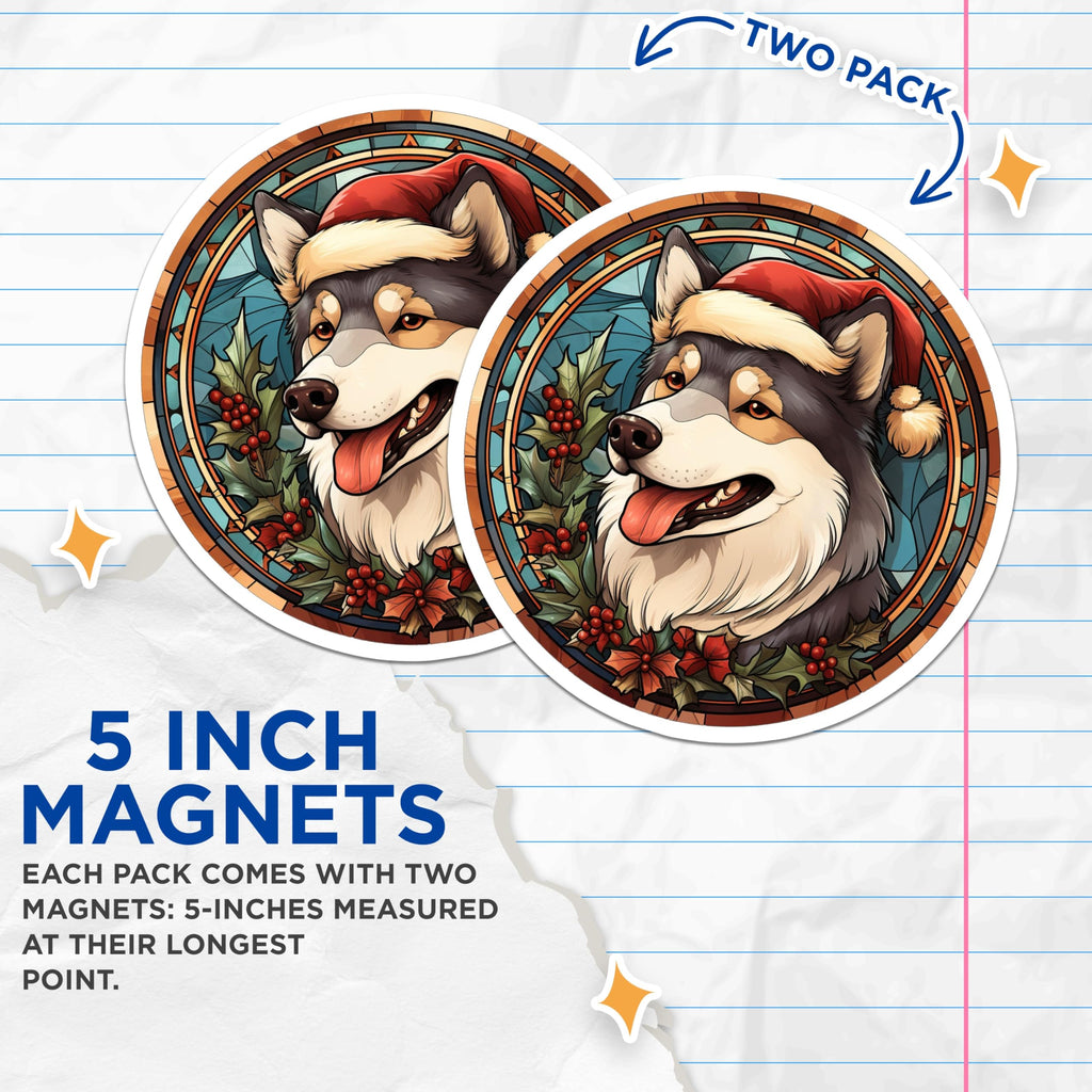 (2 Pack) Christmas Dog Magnets - Festive Husky Stained Glass Decor - Holiday Pet Owner Kitchen Fridge Magnet - 5 Inches On Longest Side - Thick Durable Magnet - Made in USA - MAG25616