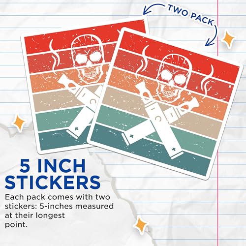 (2 Pack) Skull and Crossbones Stickers - Retro Skull Vape Stickers - Skeleton Smoking Stickers - 5" On Longest Side - Sticks to Smooth Flat Surfaces - Made in USA - BMCS5539