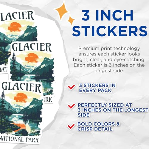 (3 Pack) Glacier National Park Decals - Mountain Landscape - Sunset Stickers - 3 Inches On Longest Side - Easy Peel & Apply - Made in USA - 3MCS2247