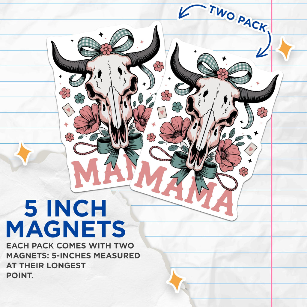 (2 Pack) Mama Bull Skull Magnets - Rustic Boho Western Decor - Farmhouse Floral Steer Skull Art for Motherhood Celebration - 5 Inches On Longest Side - Thick Durable Magnet - Made in USA - MAG23207