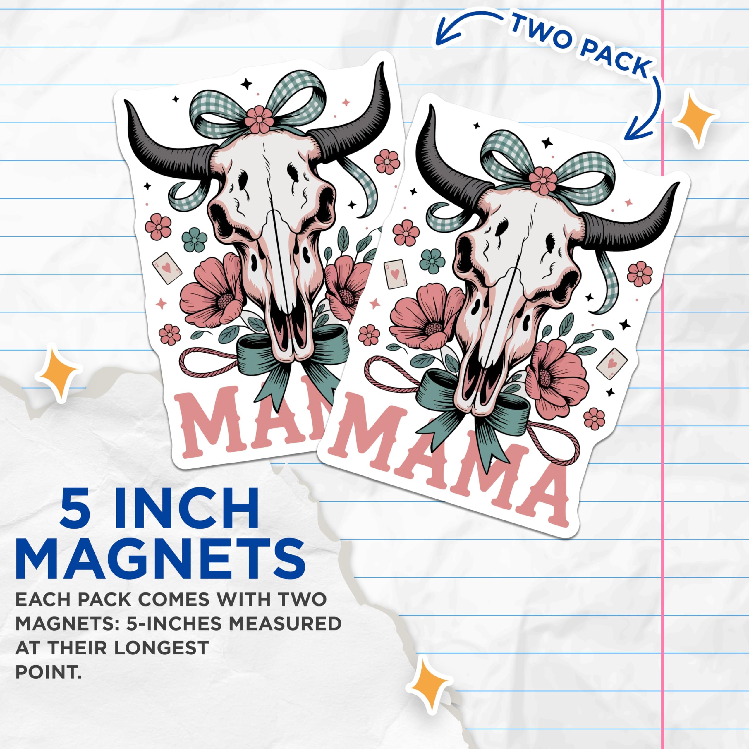 (2 Pack) Mama Bull Skull Magnets - Rustic Boho Western Decor - Farmhouse Floral Steer Skull Art for Motherhood Celebration - 5 Inches On Longest Side - Thick Durable Magnet - Made in USA - MAG23207