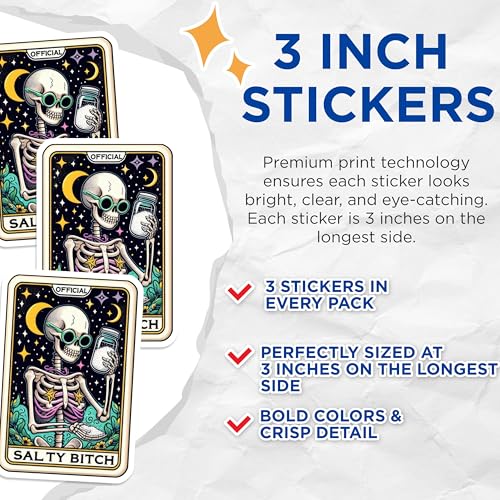 (3 Pack) Salty Skeleton Decals - Funny Skeleton - Sarcastic Humor Decal - 3 Inches On Longest Side - Easy Peel & Apply - Made in USA - 3MCS4002