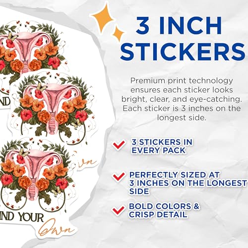 (3 Pack) Mind Your Own Uterus Decals - Floral Anatomy - Butterfly Laptop Decal - 3 Inches On Longest Side - Easy Peel & Apply - Made in USA - 3MCS7791