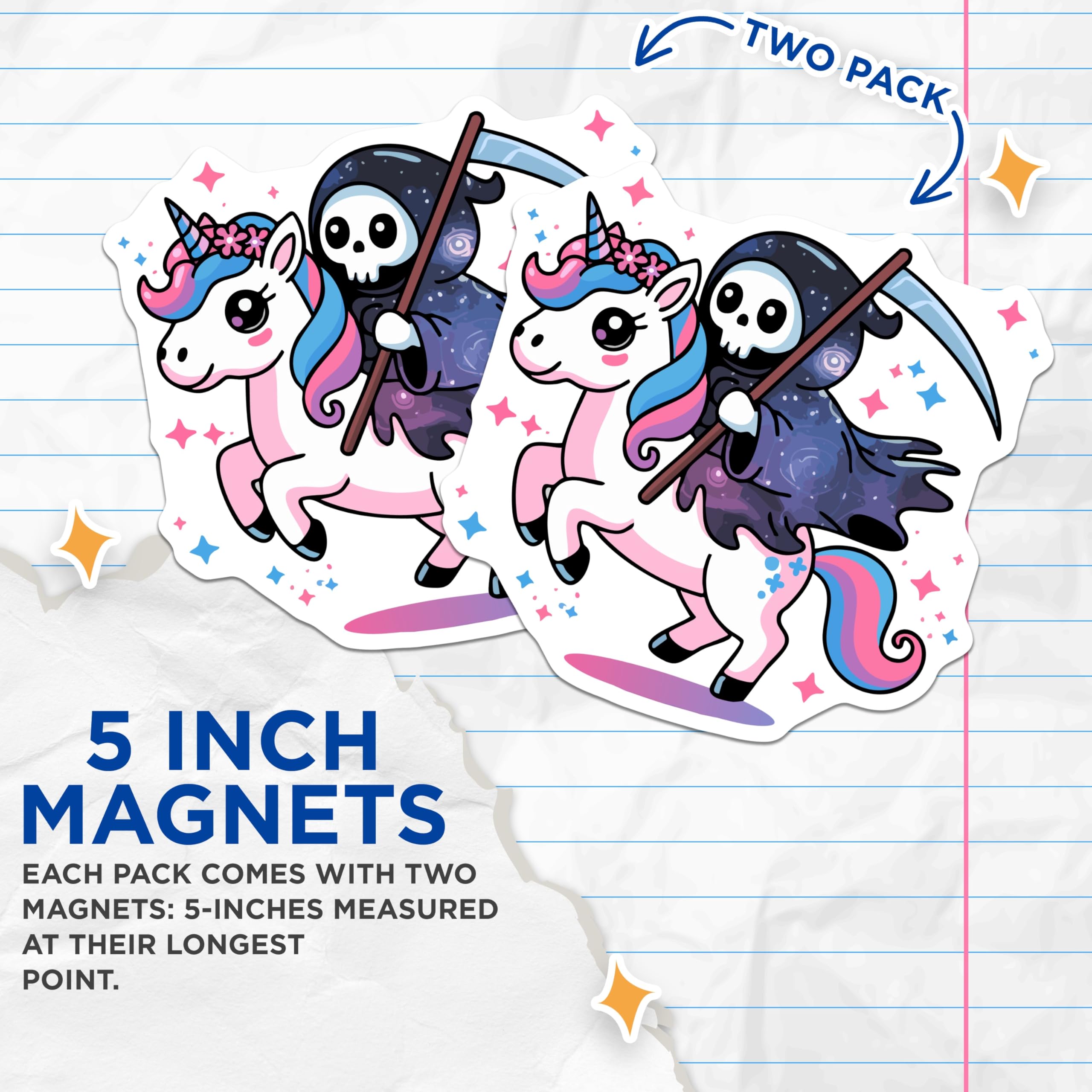 (2 Pack) Grim Reaper Unicorn Magnets - Kawaii Pastel Goth Decor - Spooky Cute Fantasy Art - 5 Inches On Longest Side - Thick Durable Magnet - Made in USA - MAG21969