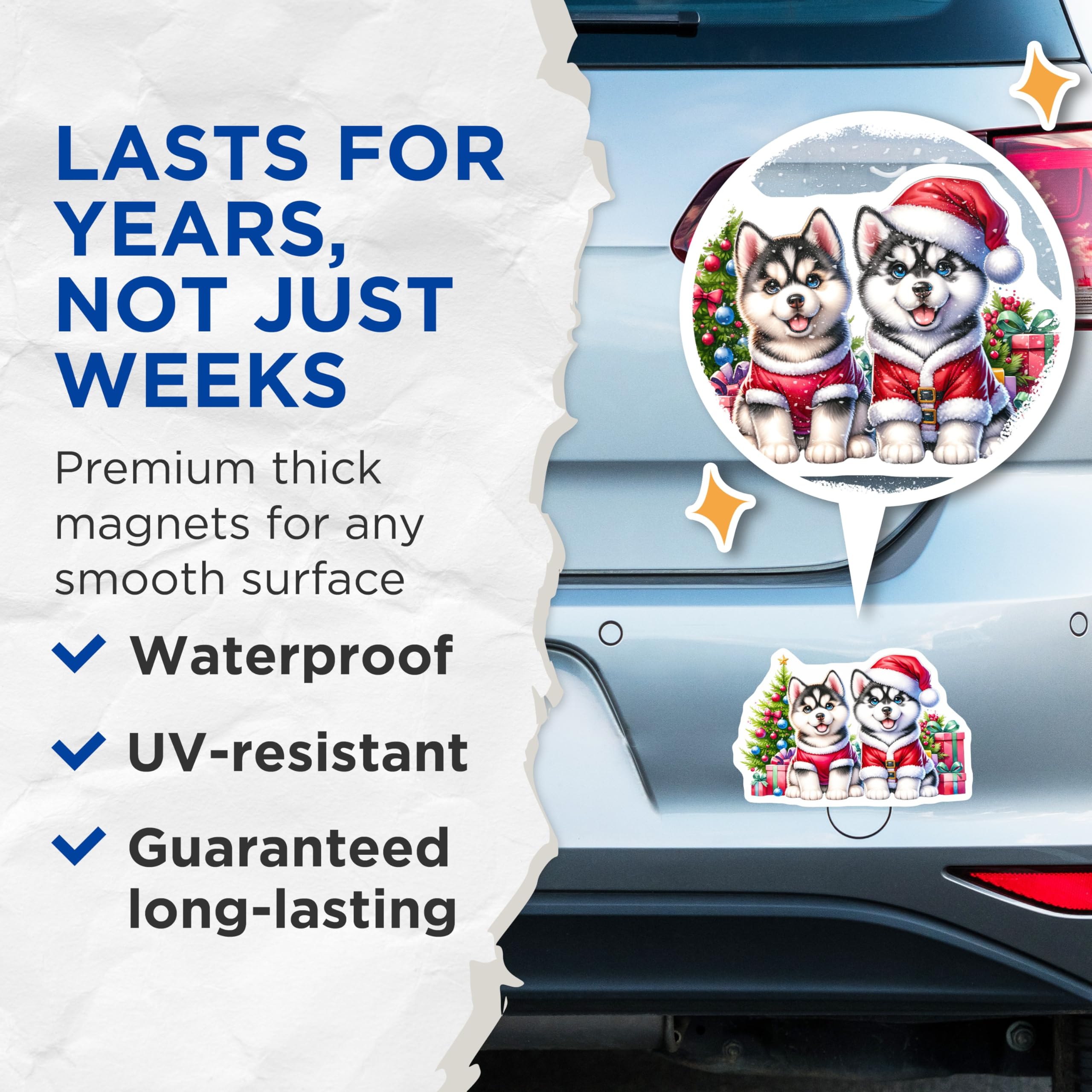 (2 Pack) Cute Husky Christmas Puppies Magnets - Winter Holiday Refrigerator Decor - Festive Animal Magnets for Home - 5 Inches On Longest Side - Thick Durable Magnet - Made in USA - MAG24487