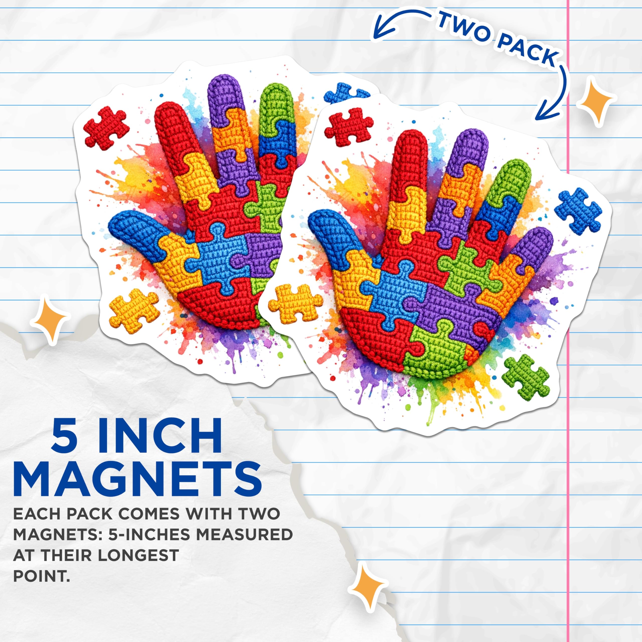(2 Pack) Autism Awareness Magnets - Puzzle Hand Art Decor - Vibrant Neurodiversity Symbol - 5 Inches On Longest Side - Thick Durable Magnet - Made in USA - MAG21799