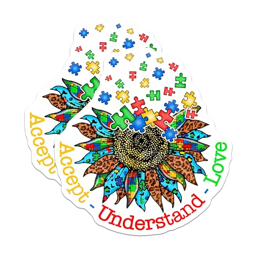 (2 Pack) Autism Awareness Magnets Magnets - Sunflower Puzzle Piece - Accept Understand Love - 5" On Longest Side - Made in USA - Sticks to Refrigerators & Metal Surfaces - MAG8526