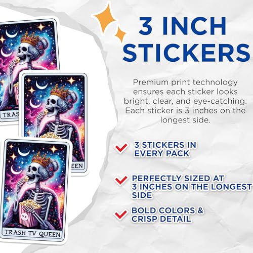 (3 Pack) Trash TV Queen Decals - Skeleton Crown Popcorn - Galaxy Stars Decals - 3 Inches On Longest Side - Easy Peel & Apply - Made in USA - 3MCS4291