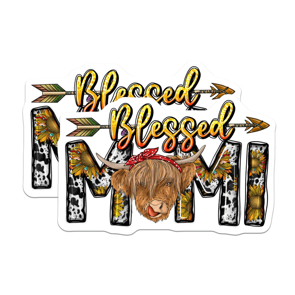 (2 Pack) Blessed Mimi Highland Cow Magnets - Sunflower Cow Print - Boho Arrows Grandma Decor - 5 Inches On Longest Side - Thick Durable Magnet - Made in USA - MAG24471