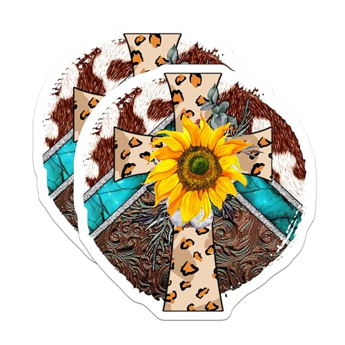(2 Pack) Sunflower Cross Stickers - Leopard Print - Western Boho - 5" On Longest Side - Sticks to Smooth Flat Surfaces - Made in USA - BMCS5705
