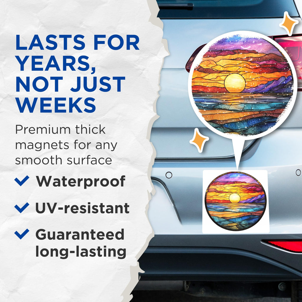 (2 Pack) Stained Glass Sunset Magnets - Ocean Mountain Art - Vibrant Landscape Decor - 5 Inches On Longest Side - Thick Durable Magnet - Made in USA - MAG24891