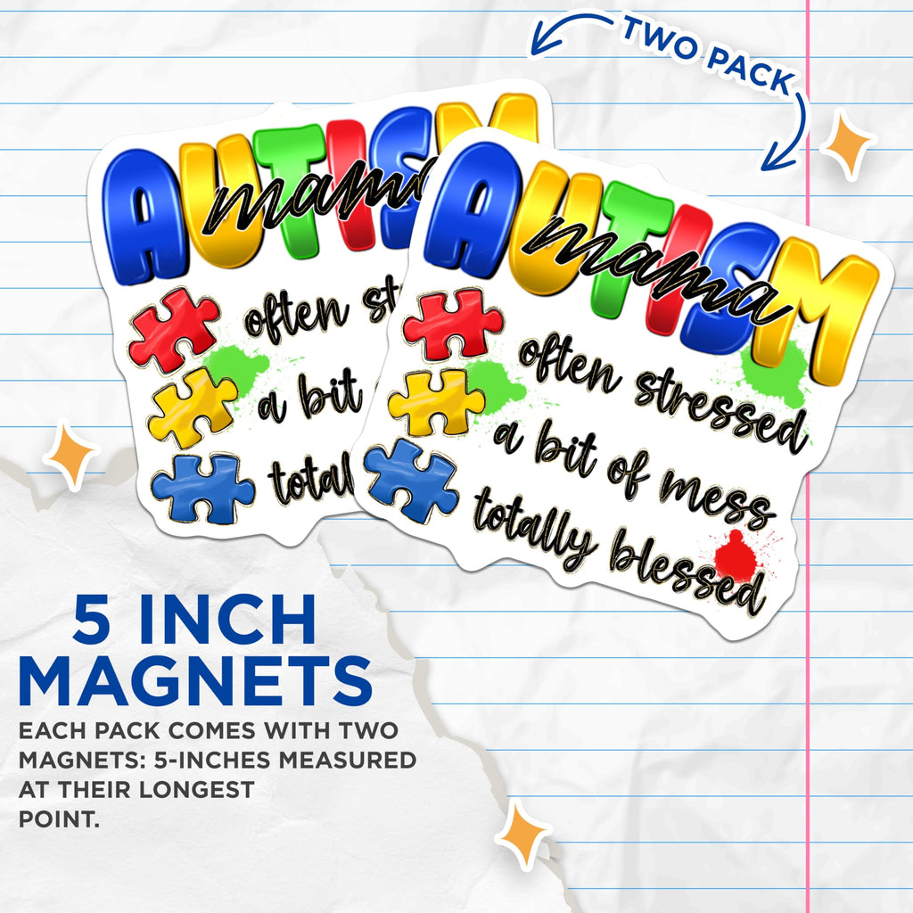 (2 Pack) Autism Mama Magnets - Proud Autism Mom Awareness - Special Needs Parent Support Refrigerator Decor - 5 Inches On Longest Side - Thick Durable Magnet - Made in USA - MAG25063