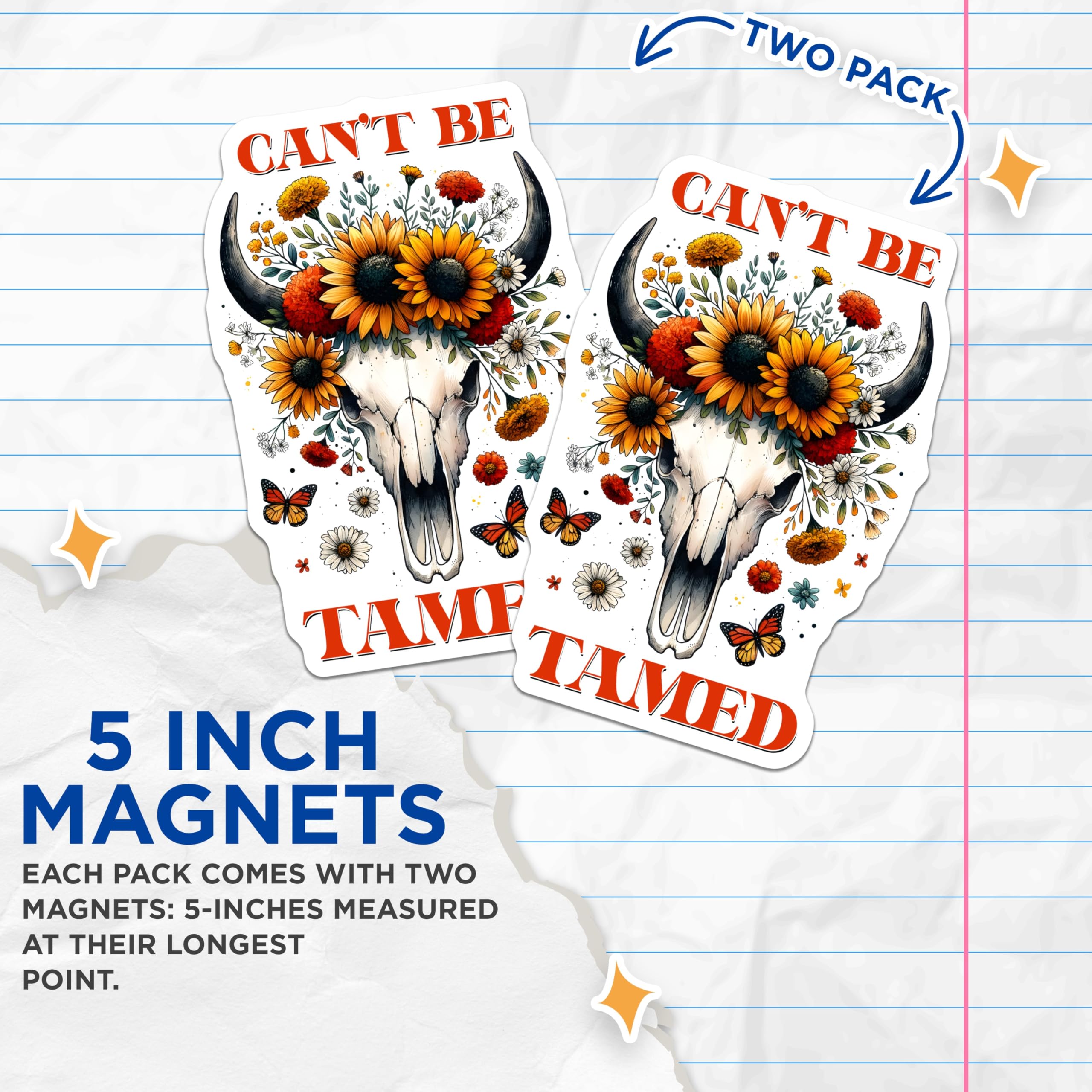 (2 Pack) Bull Skull Floral Magnets - Cant Be Tamed Magnet - Wildflower Home Decor - 5" On Longest Side - Premium Magnet - for Cars, Refrigerators, Toolboxes, Lockers - Made in USA - MAG14318