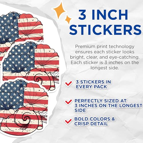 (3 Pack) American Flag Flower Decals - Patriotic Floral Art - USA Laptop Decals - 3 Inches On Longest Side - Easy Peel & Apply - Made in USA - 3MCS7753